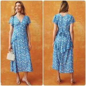 RIXO x RTR Evie Blue Floral Midi Faux Wrap Dress Size 6 blue white ruffled